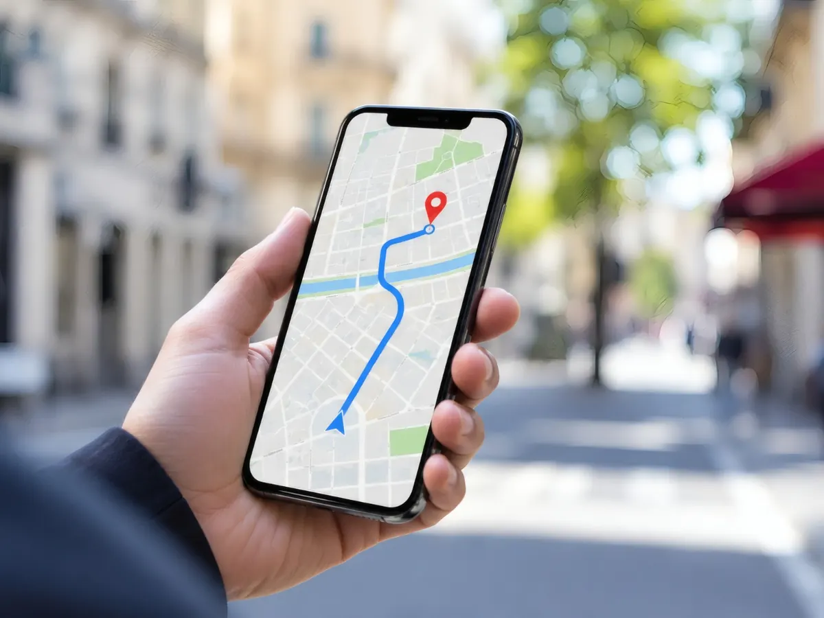 Pessoa na rua seguindo o mapa no celular até um estabelecimento próximo