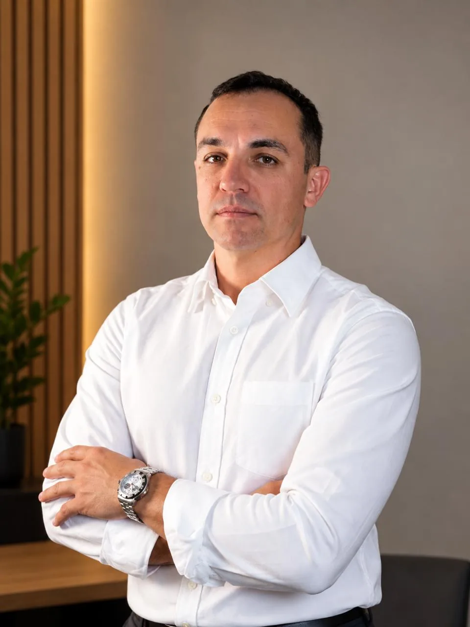 Leandro Richter, fundador da Online Focus, de camisa branca e braços cruzados